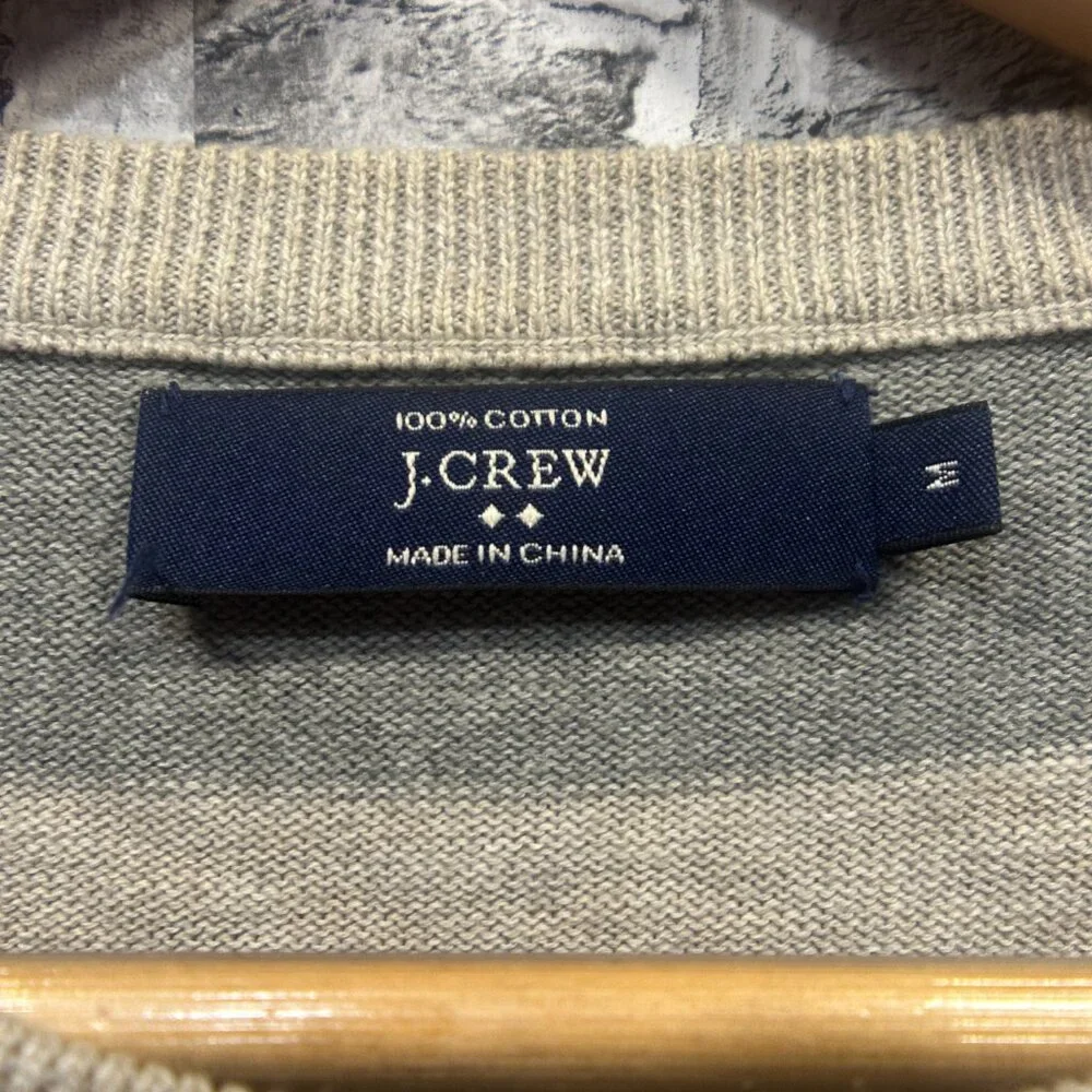EUC J.Crew Cotton Gray Heathered Strip Long Sleeve Pullover Sweater Size Medium